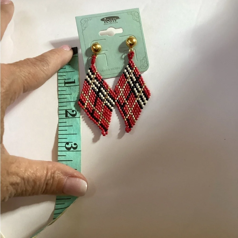 ICON Red and Black Beaded Dangle Earrings, Pierced NWT